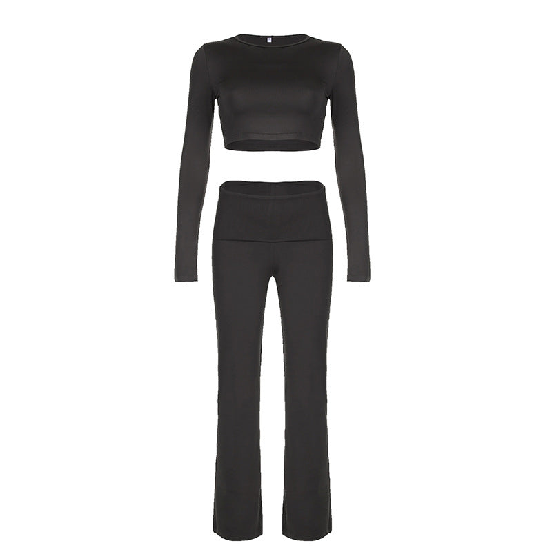 Dame Sporty Langærmet Crop-Top og tætsiddende Flared-Bukser Sæt Skovae