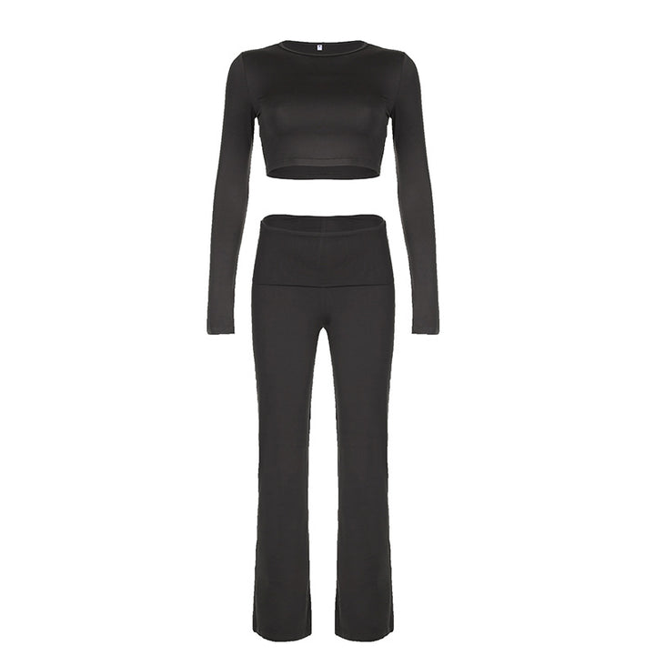 Dame Sporty Langærmet Crop-Top og tætsiddende Flared-Bukser Sæt Skovae