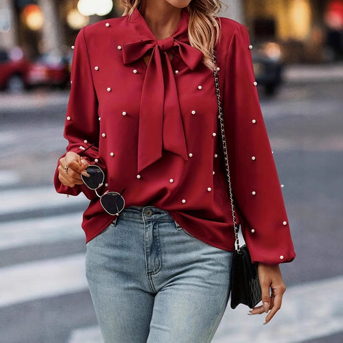 Dame elegant bluse med sløjfe krave og perle detaljer Stilla