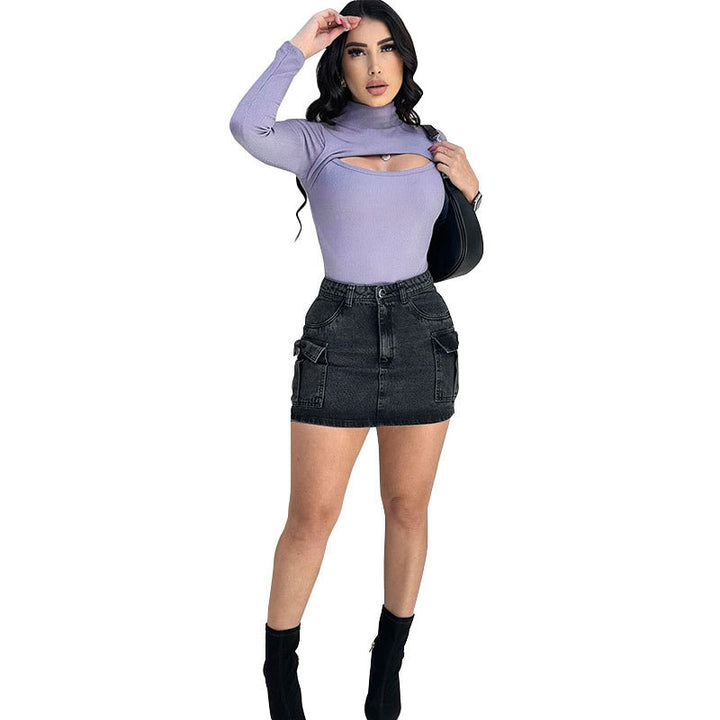 Dame Trendy Langærmet top med stående krave og cut-out detaljer Skovae