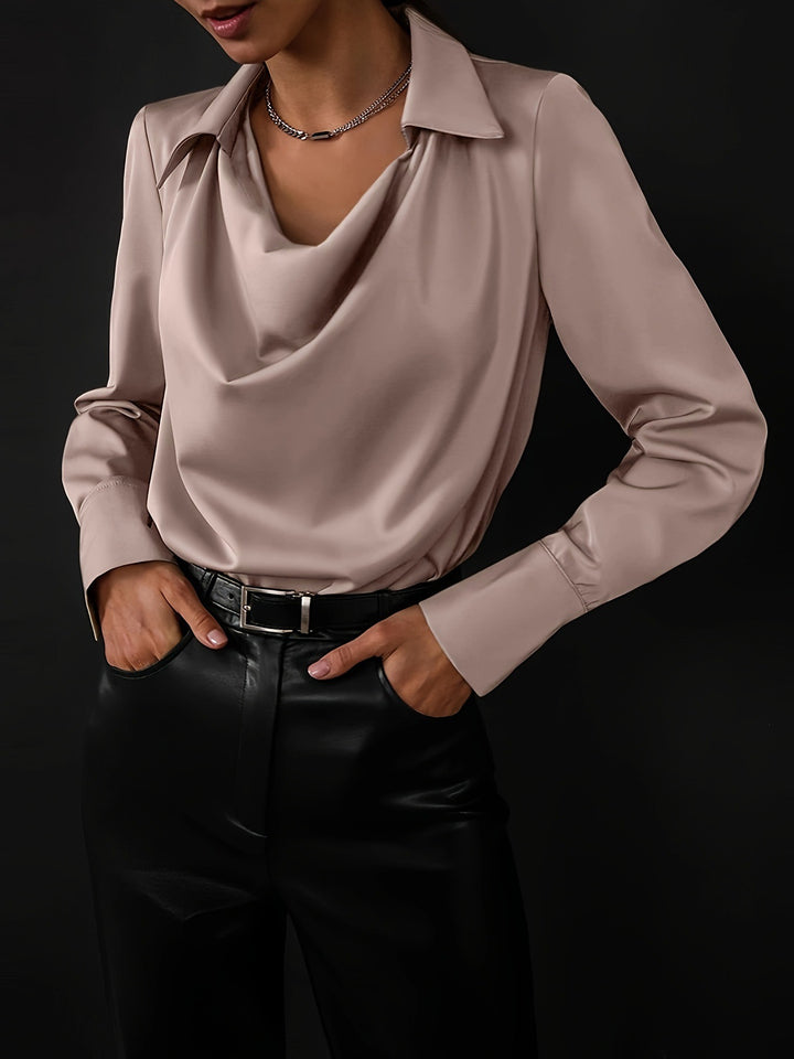 Dame elegant bluse med dyb vandfaldudskæring og lange ærmer Stilla