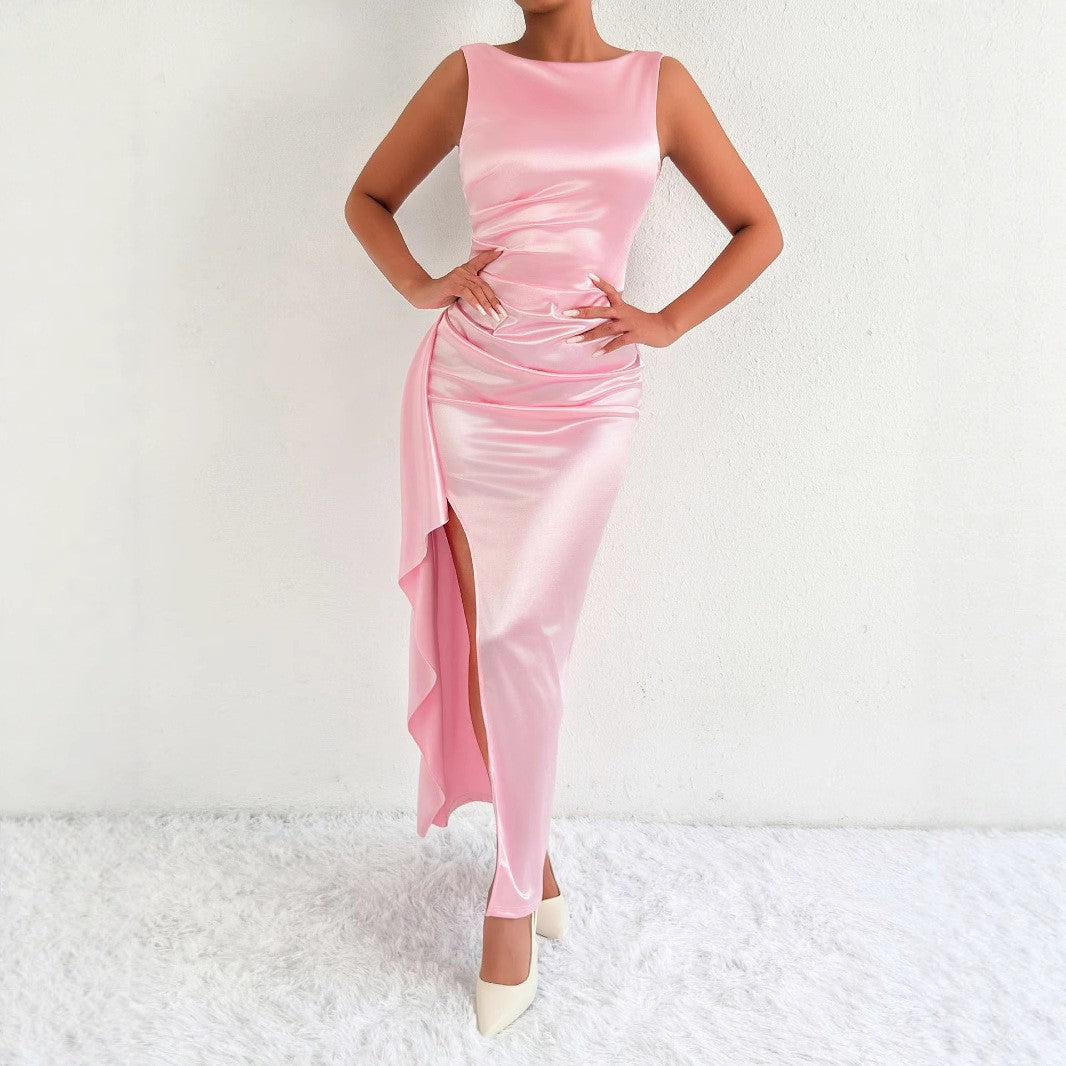 Dame Elegant Satin Aftenkjole med asymmetrisk kant og side-slids Skovae
