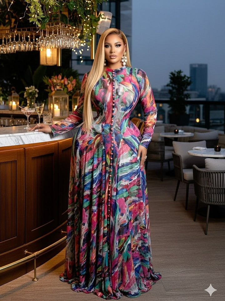 Dame Elegant Maxi kjole med struktureret grafisk design Skovae