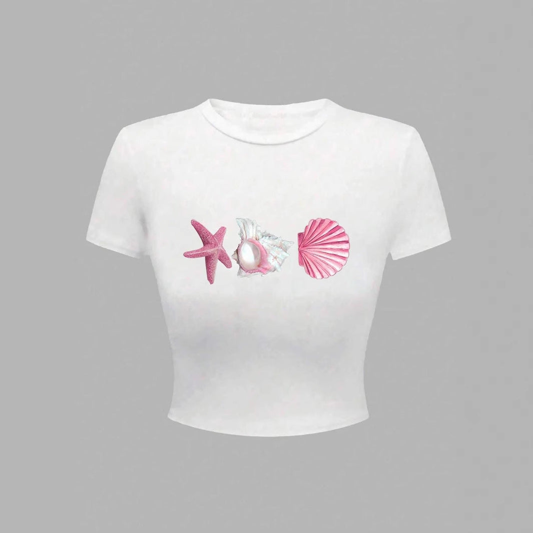 Dame Crop-T-Shirt med maritimt tryk Skovae