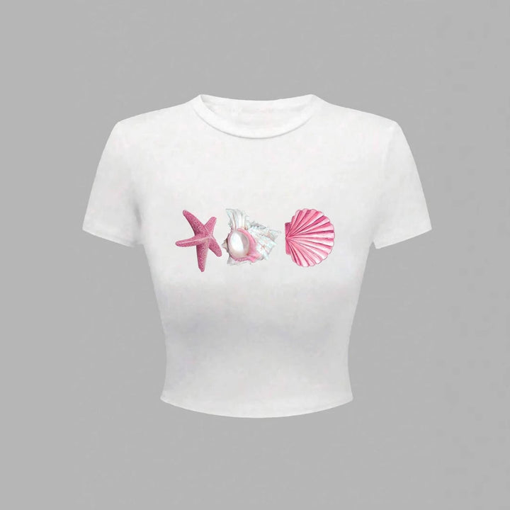 Dame Crop-T-Shirt med maritimt tryk Skovae