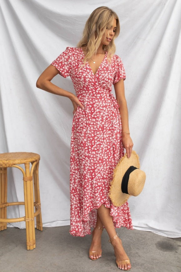 Dame Floral Vige-Midi-Kjole med bundet Taljedetalje Stilla