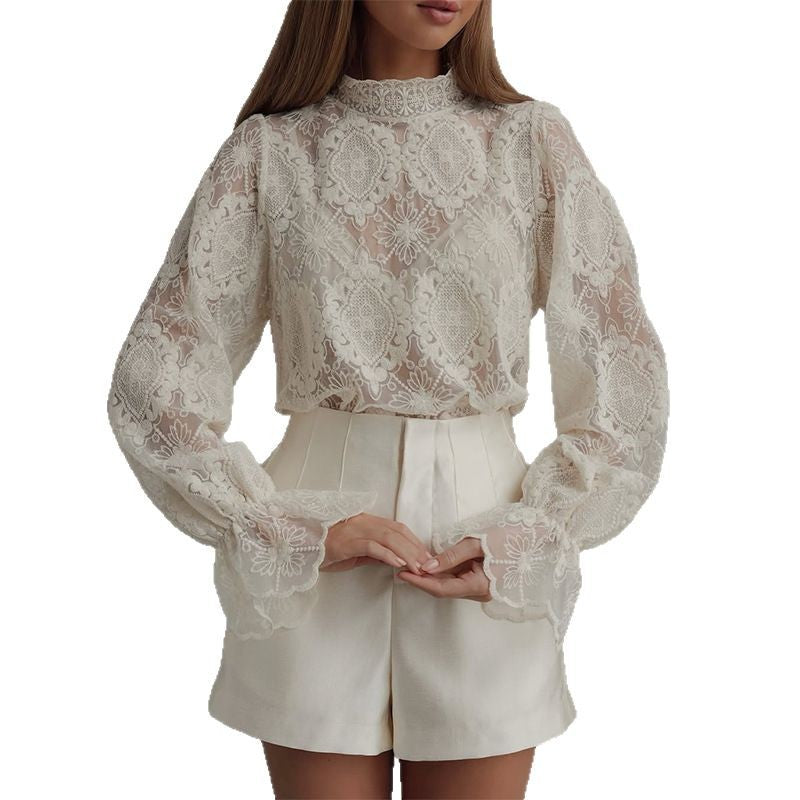 Dame blonde bluse med høje ærmer og fransk krave Stilla