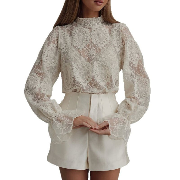 Dame blonde bluse med høje ærmer og fransk krave Stilla