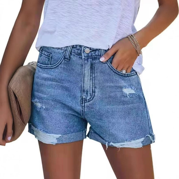 Dame jeansshorts med moderigtige revner og omviklet kant Stilla