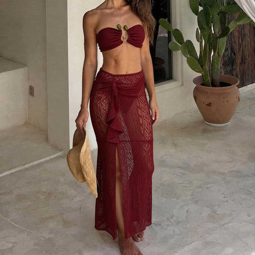 Dame Bandeau-bikini med flæse nederdel og elegant lukning Skovae