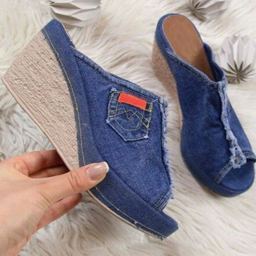 Dame hæl-pantoletten med moderigtigt denim-design Stilla