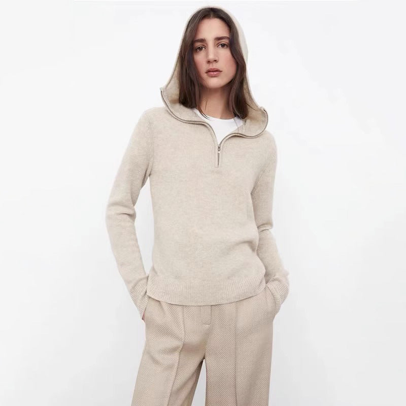 Kvinders elegante strikket sweater med hætte og halv lynlås Stilla