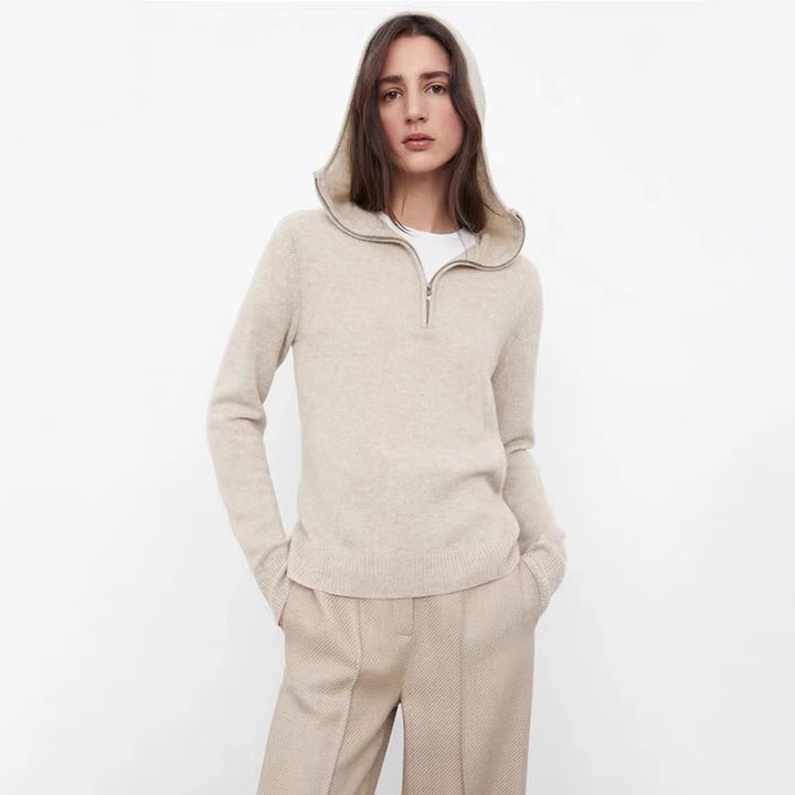 Kvinders elegante strikket sweater med hætte og halv lynlås Stilla