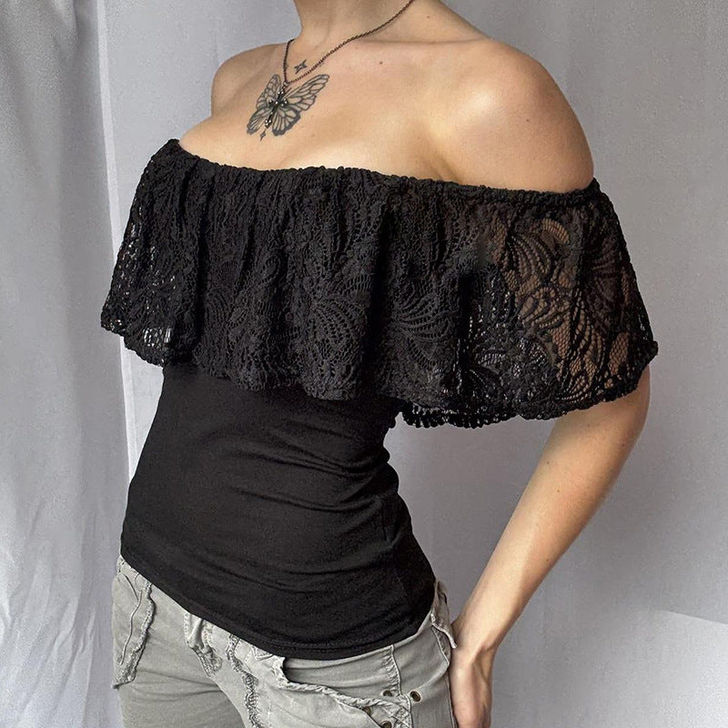 Damer Off-Shoulder Overdel med flæsedetaljer og elegante spidsakcentuer Skovae