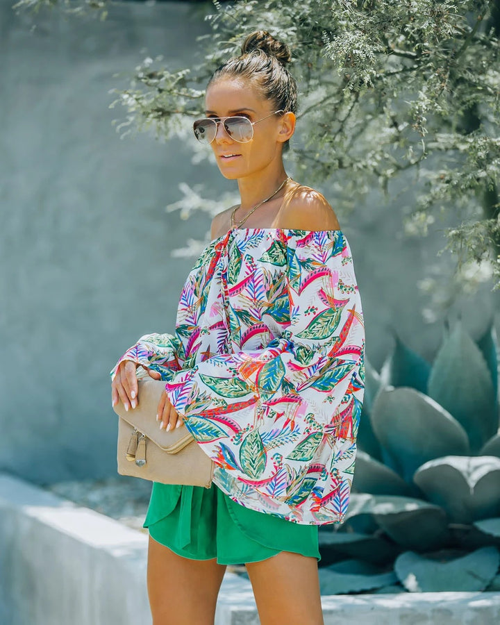 Dame Off-Shoulder Bluse med blomstertryk og vidde ærmer Stilla