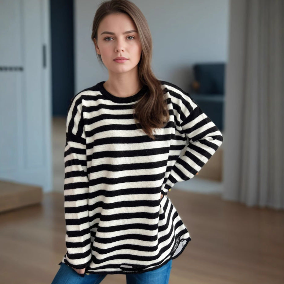 Kvinders strikket oversized sweater med afslappet stribemønster Stilla