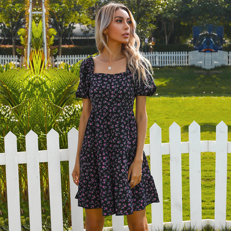 Damer Retro Floral Kjole med Bred Puf Ærmer og Voluminøs Skørt Stilla