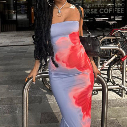 Dame elegant lang kjole med yndig farvegradient og spaghetti-stropper Skovae