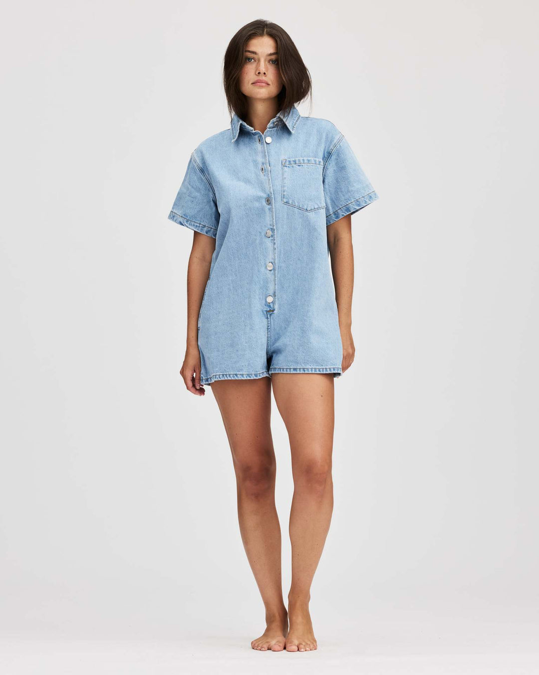 Dame Jeans-Overall med kort ærme og praktiske lommer Skovae