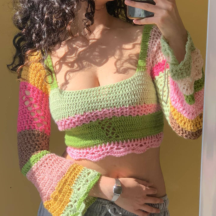 Dame hæklede Crop-Top med lange ærmer og usædvanlig kant Skovae