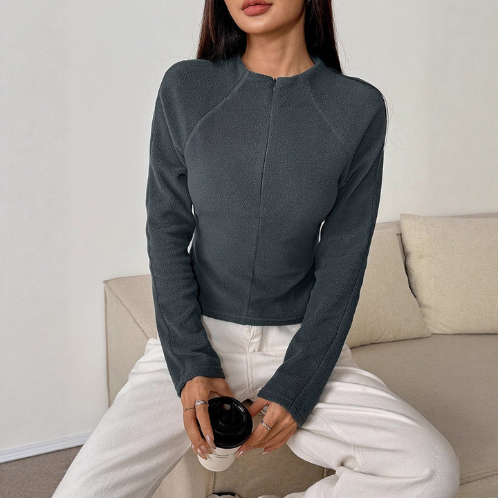 Dame sporty fleece top med høj krave og lynlås Skovae