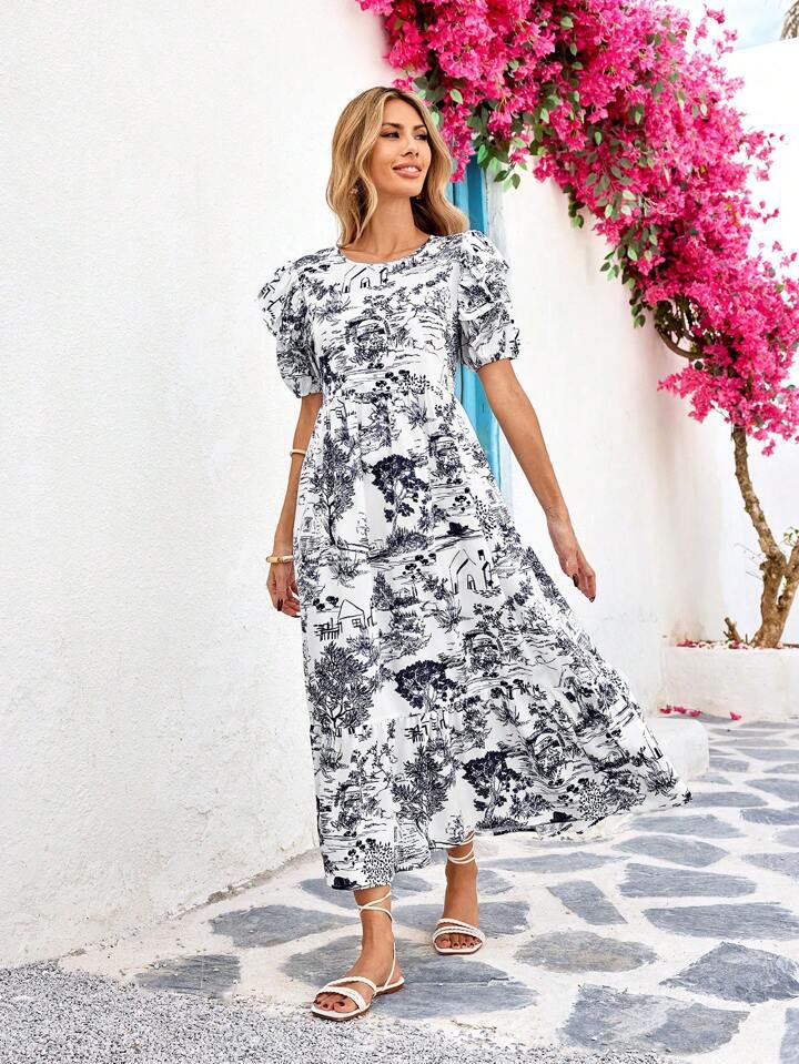 Dame Vintage Blomster Puffærme Maxi Kjole Stilla
