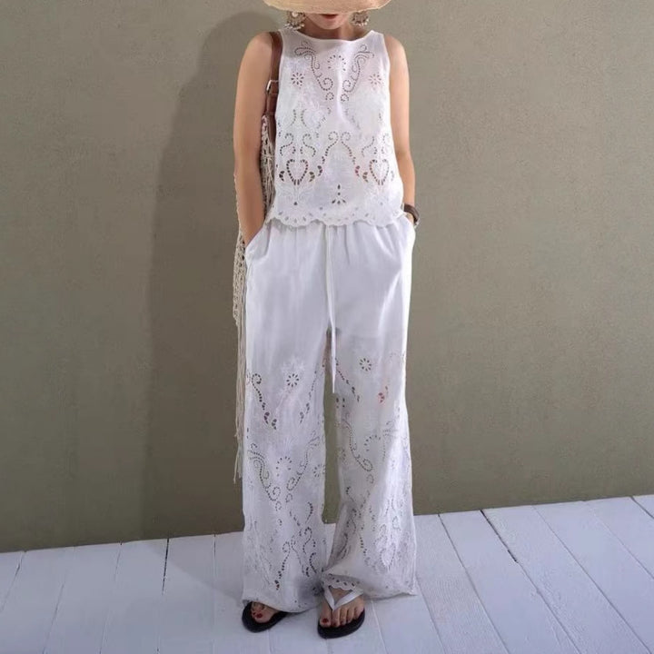 Dame Casual Chiffon Buksedragt med fin hæklemønster Stilla