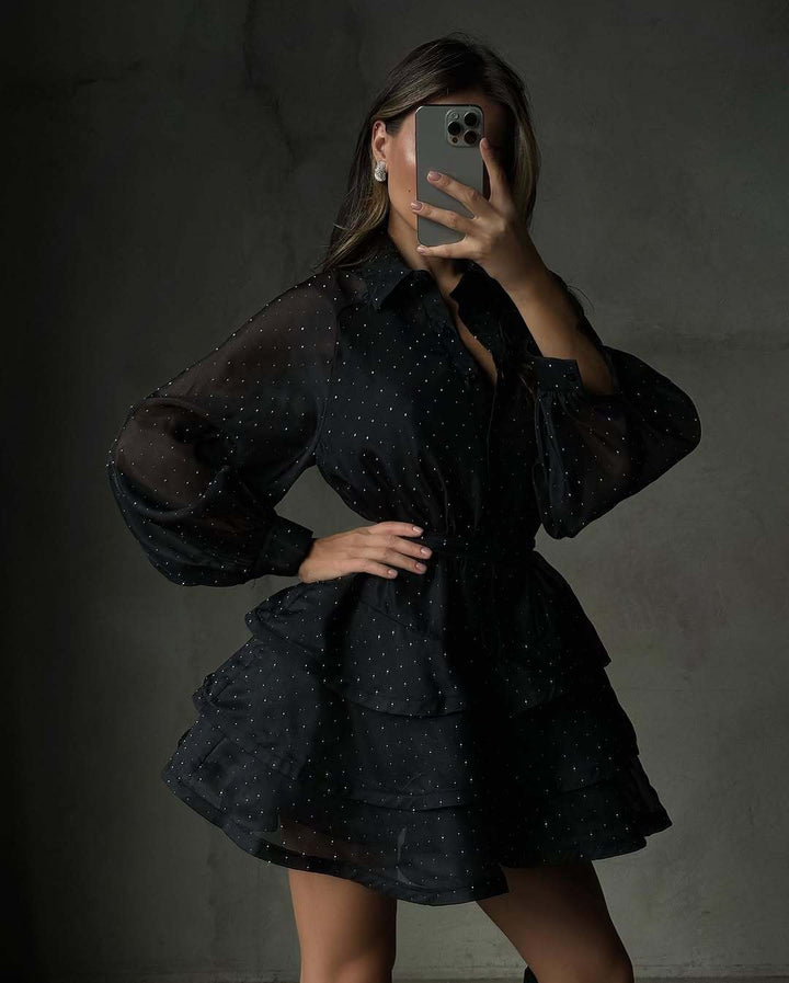 Damer Rynkedress med gennemsigtigt overtøj og puffærmer Stilla
