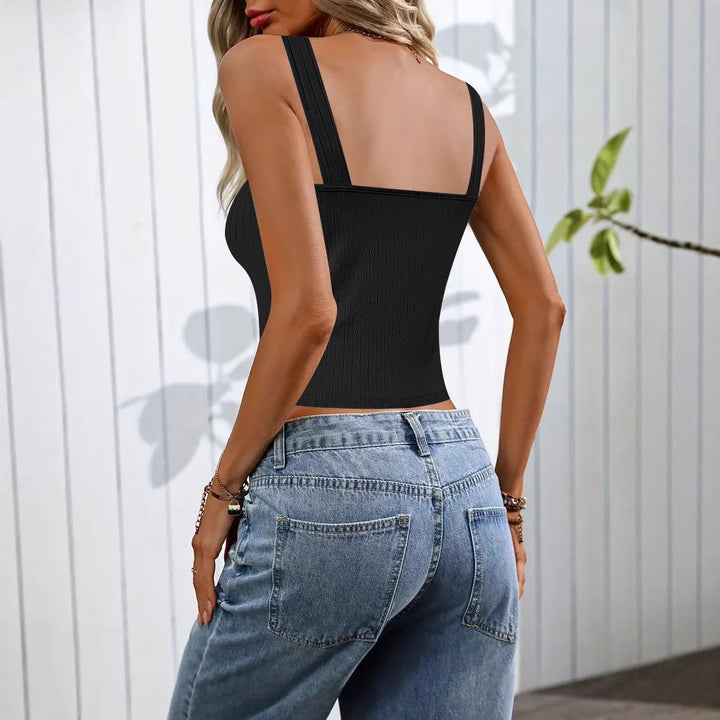 Kvinder Ribbenknap-Detalje Crop-Top Stilla