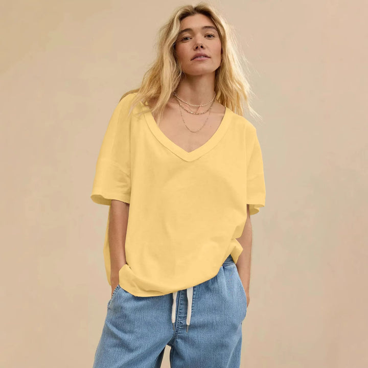 Dame afslappet oversized T-shirt med dyb V-hals Stilla