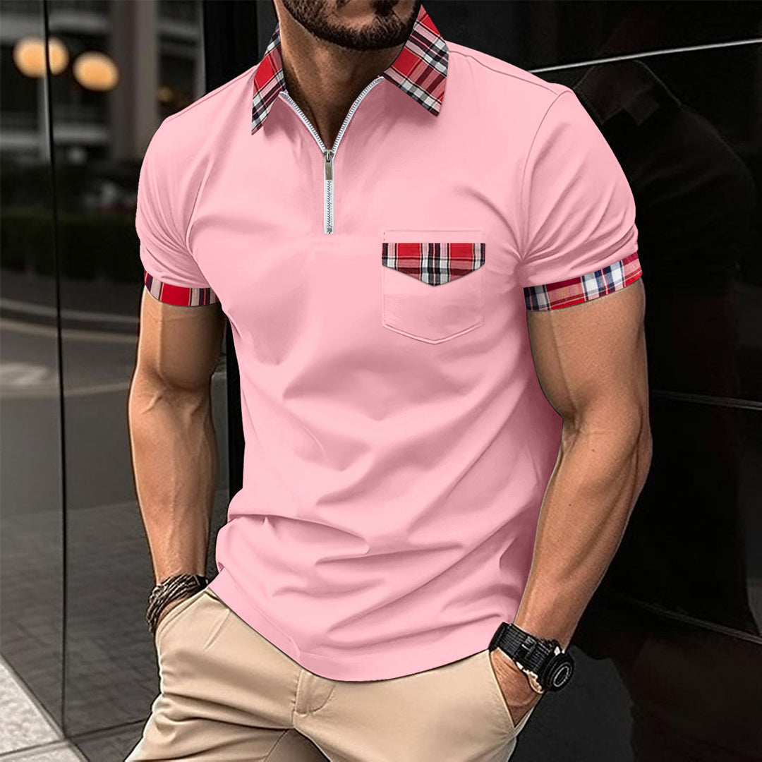 Herre Moderne Halv-Zip Polo T-Shirt med ternet Detalje Stilla