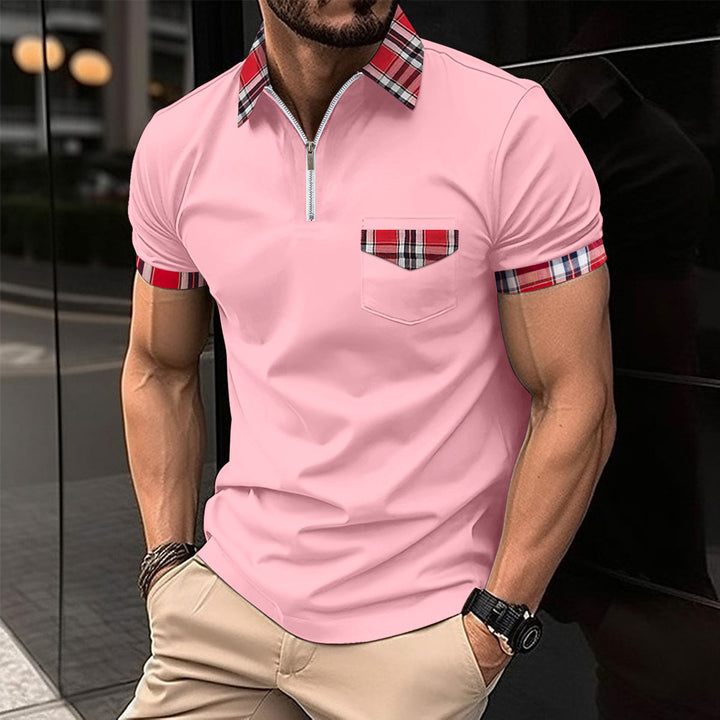 Herre Moderne Halv-Zip Polo T-Shirt med ternet Detalje Stilla