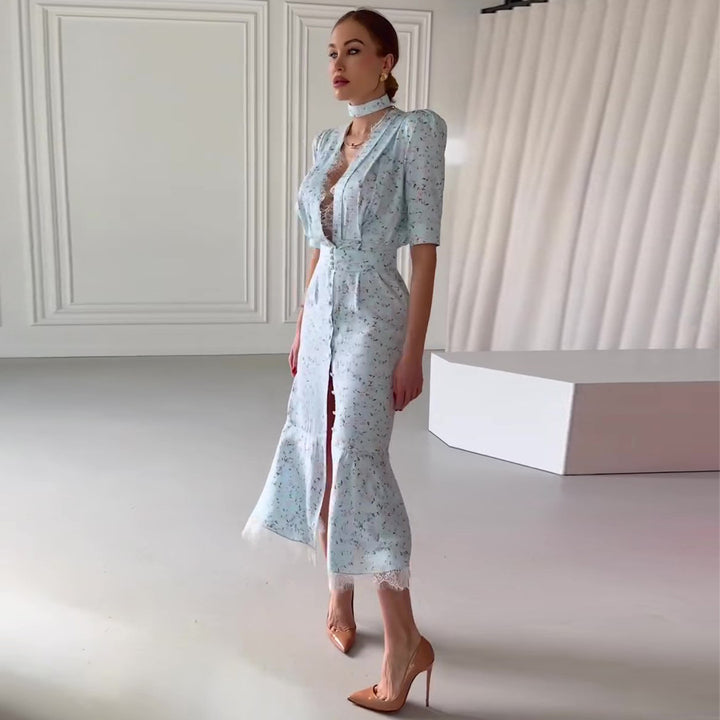 Dame Elegant Midi Kjole med Glitrende Chiffon og Dyb V-Udskæring