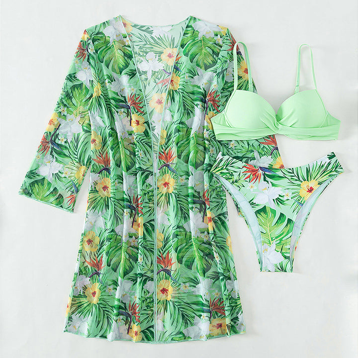 Dame bikiniset med blomster kimono og bindebånd Stilla