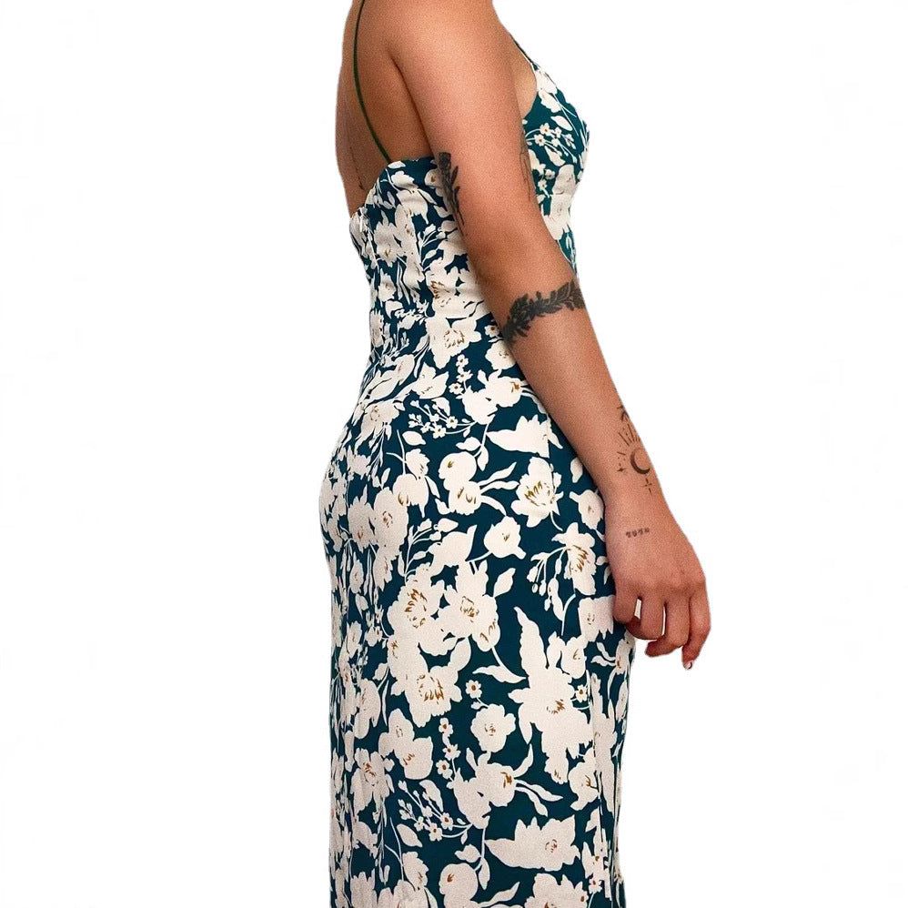 Ladies spaghetti strap maxi dress with floral design and high slit Skovae