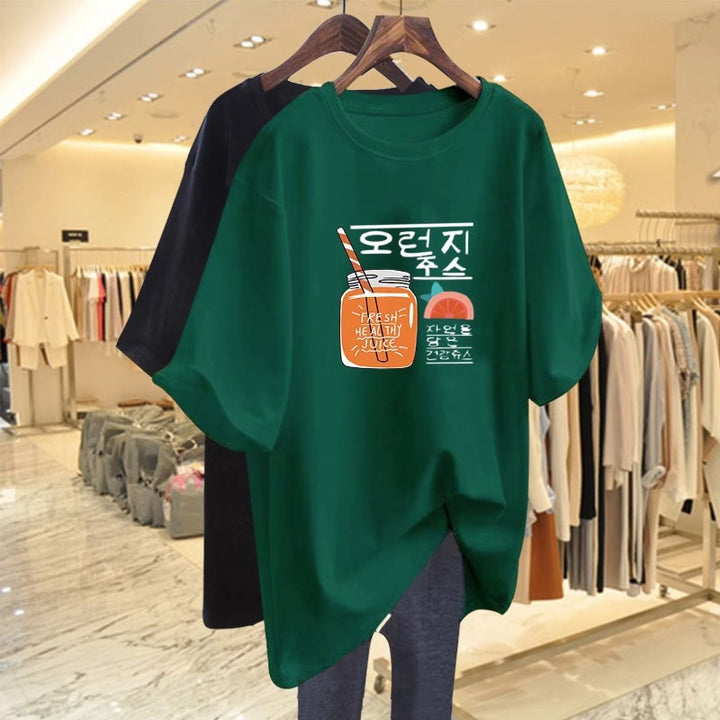 Dame T-shirt med afslappet frugt-design og trendy skrift Stilla