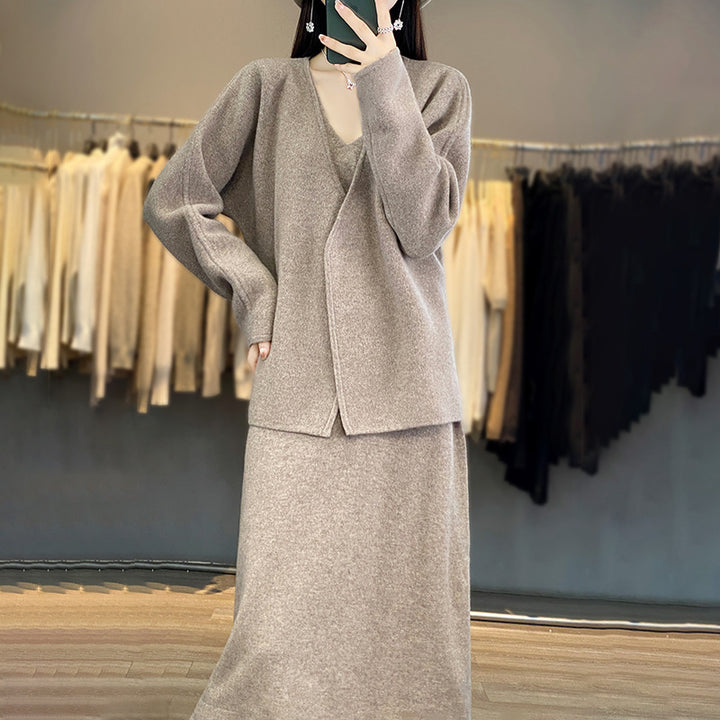 Femme Elegant Strikjakke og Maxi Skørt Sæt Stilla