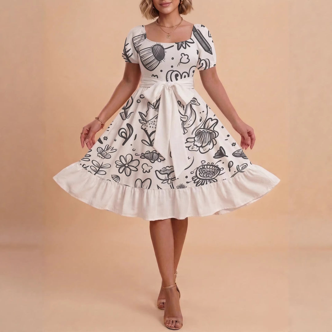 Dame Midi Kjole med elegant blomsterprint og figursyet bælte Skovae