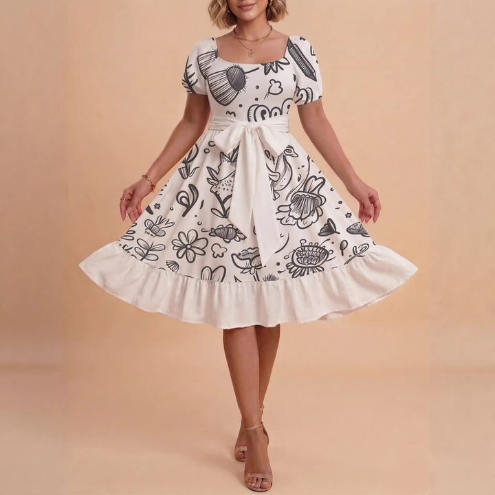 Dame Midi Kjole med elegant blomsterprint og figursyet bælte Skovae