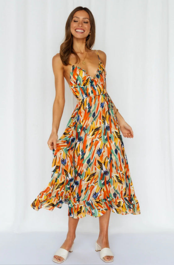 Dame Bohemian Floral Maxi Kjole med justerbare Spaghetti-stropper Stilla