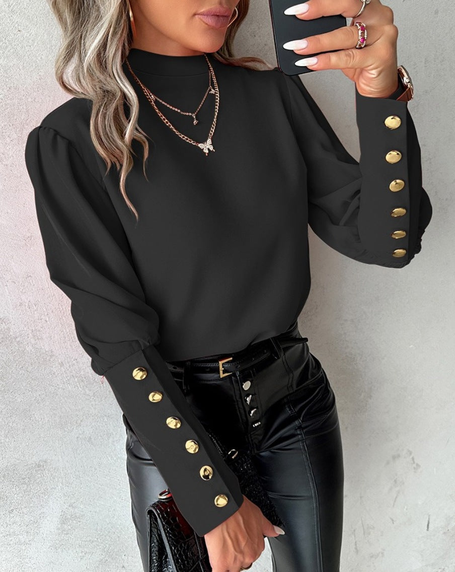 Damer Elegant Bluse med quiltet ståkrave og gyldne knapper Stilla