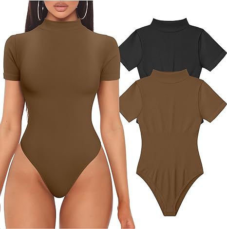 Dame kortærmet bodysuit med høj hals og tætsiddende snit Stilla