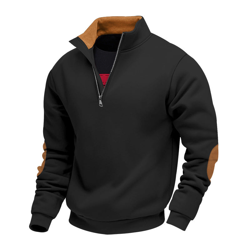 Herrer sportpullover med halv lynlås og elegante læderapplikationer Stilla