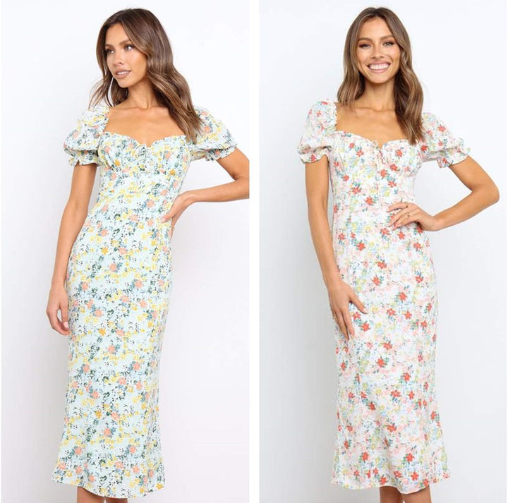 Dame Floral Midi Kjole med Puffærmedetalje Stilla