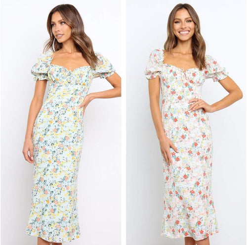 Dame Floral Midi Kjole med Puffærmedetalje Stilla