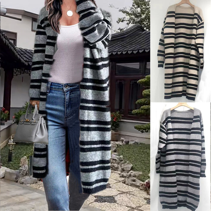 Kvinders chunky strik cardigan med brede striber og afslappet pasform Stilla