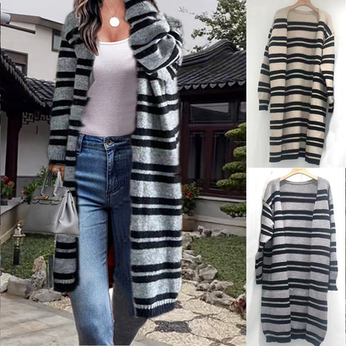 Kvinders chunky strik cardigan med brede striber og afslappet pasform Stilla