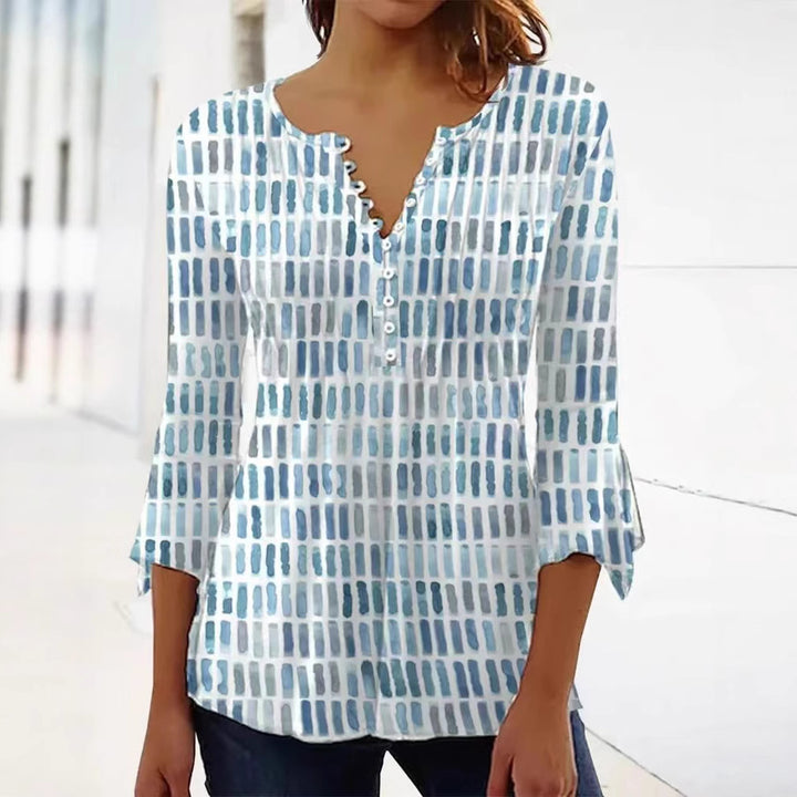 Dame langærmet blouse med kunstnerisk mønster og knapliste Stilla