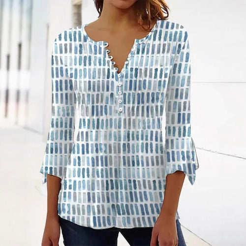 Dame langærmet blouse med kunstnerisk mønster og knapliste Stilla