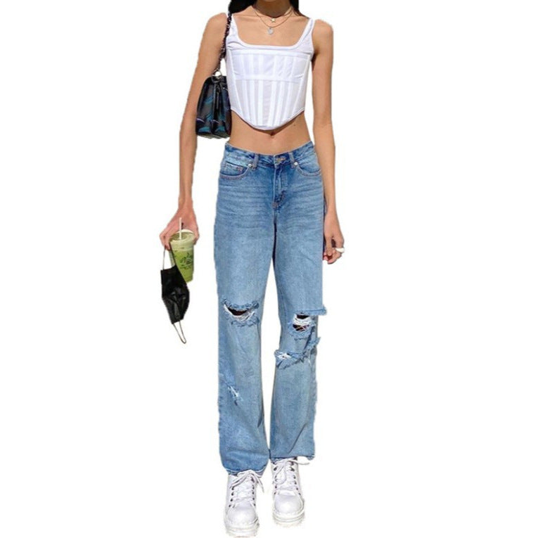 Dame Ripped Baggy Jeans med afslappet snit og destroyed detaljer Stilla